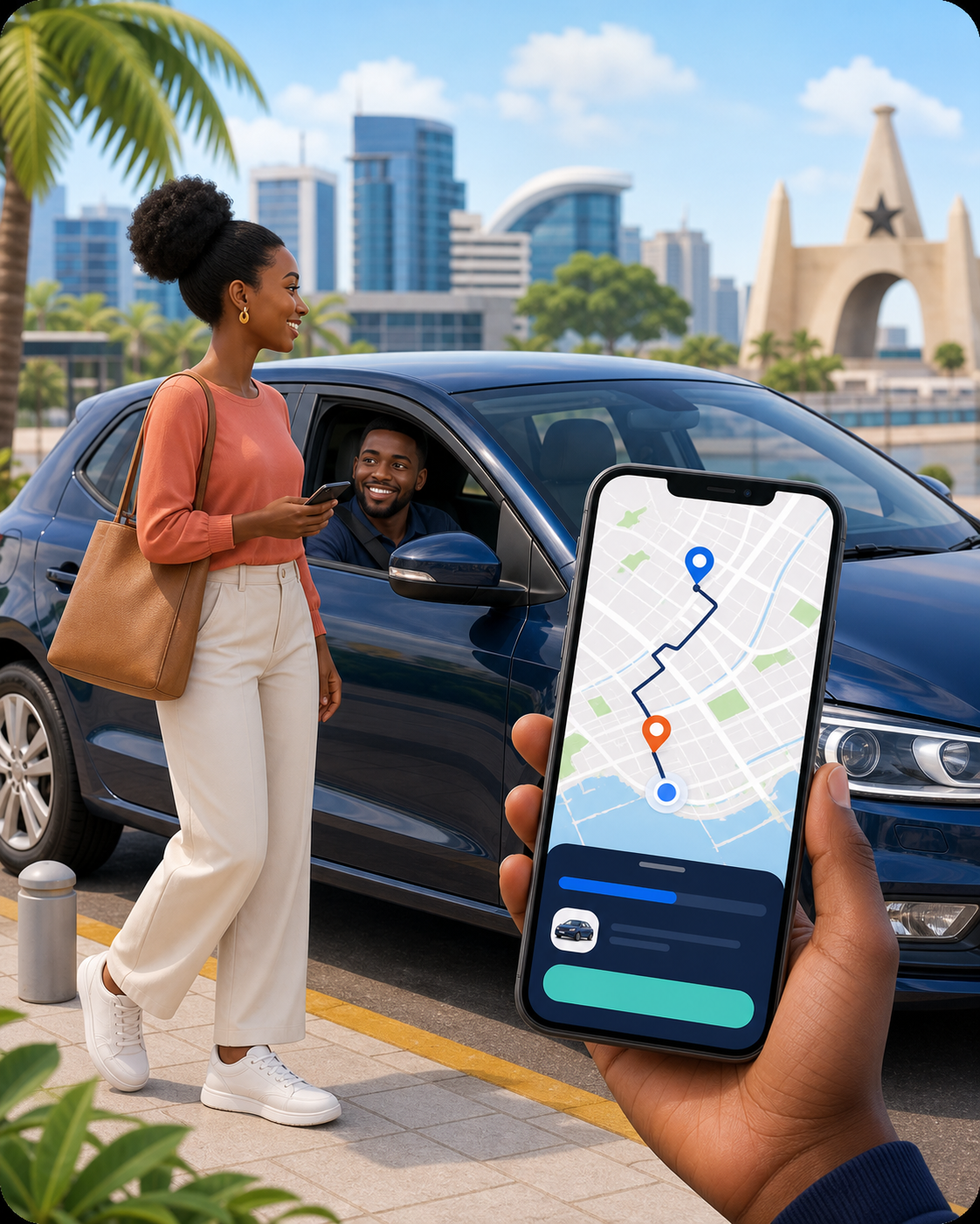 A Necto Ride passenger meeting her verified driver after booking in the app